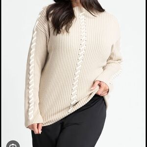 Eloquii Beige Ribbed Sweater with Lace-Up Accents